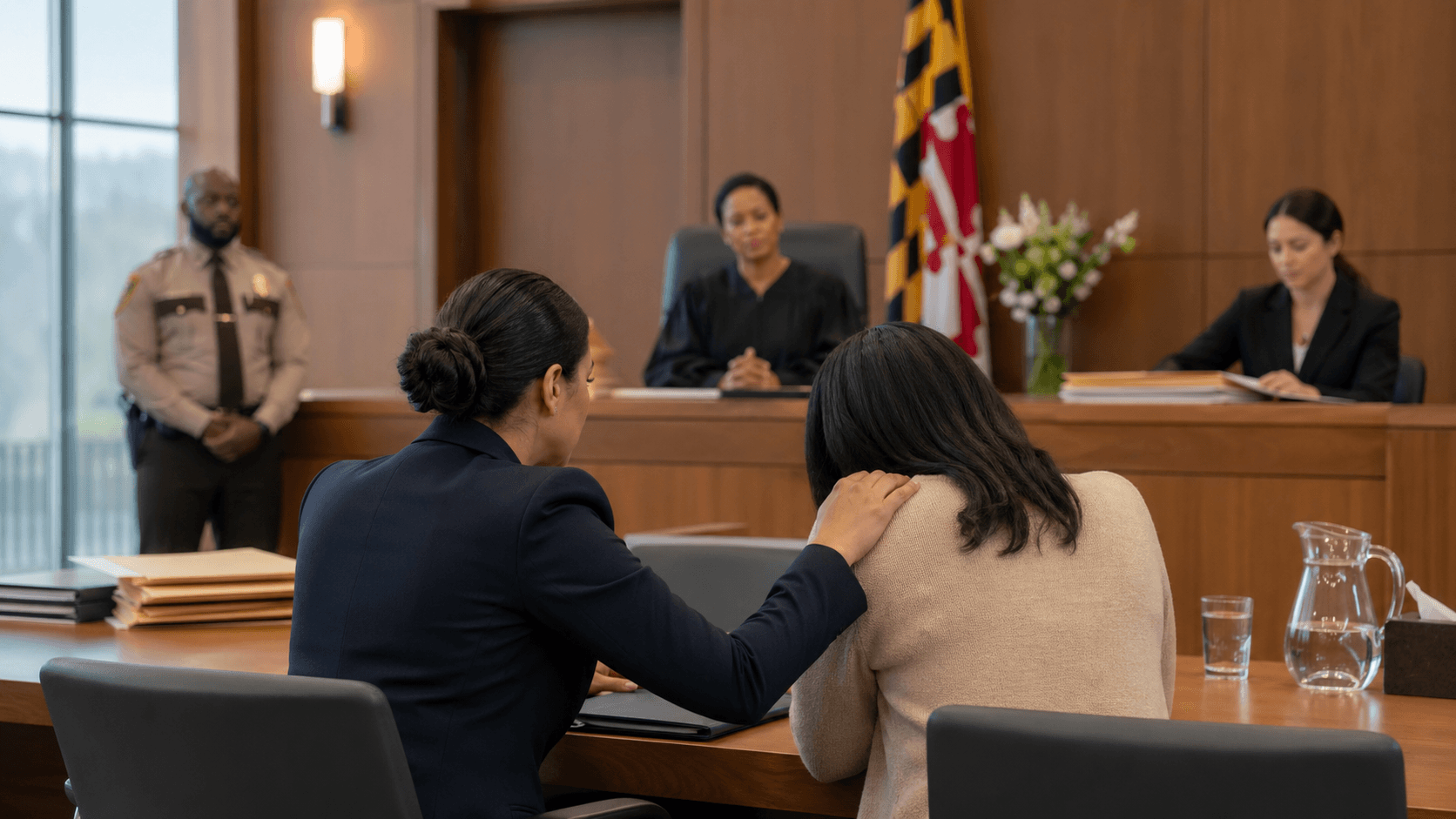 Gavel beside a stack of legal documents on a dark wood desk under warm courtroom lighting.